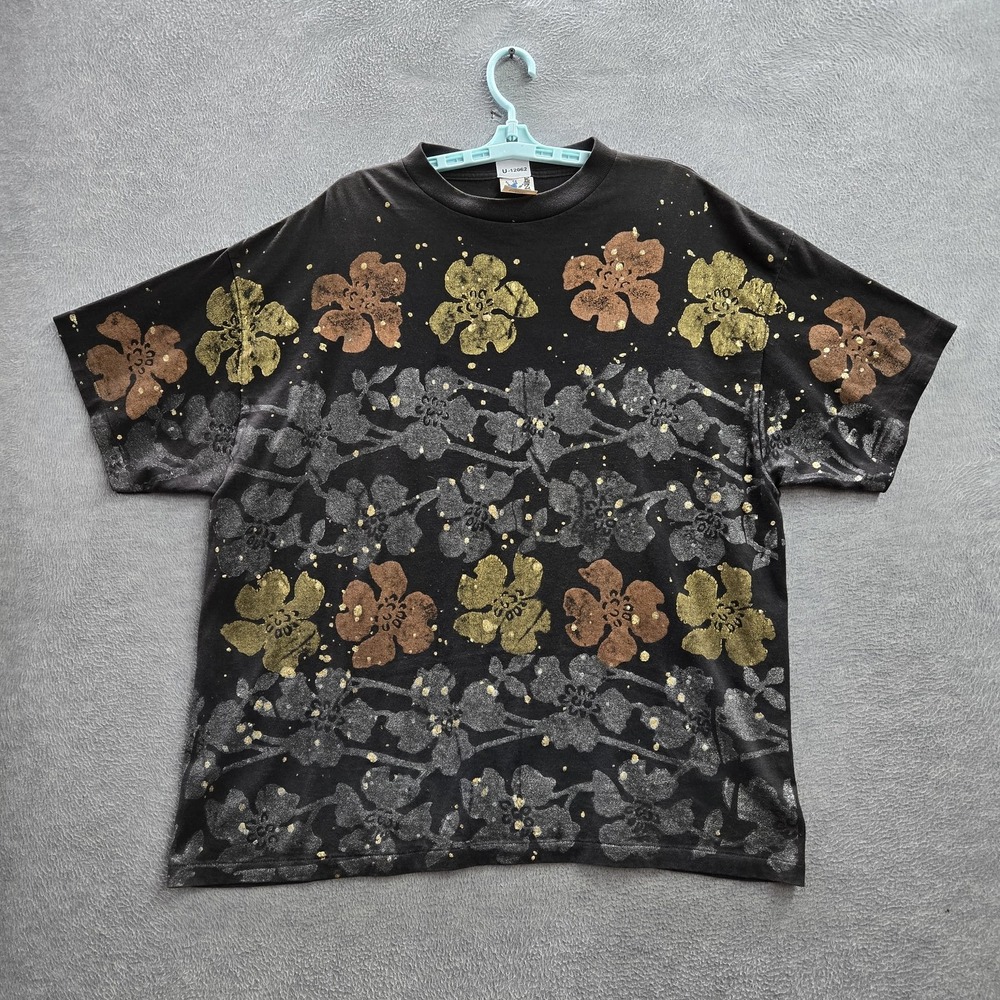VINTAGE EZL Men Shirt OS Black Floral Print Graphic Single Stitch 90s USA